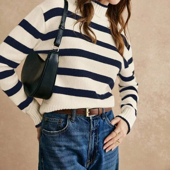 Navy Blue Casual Women's Striped Stand Collar Drop Shoulder Long Sleeve Sweater - Picture 4 of 7